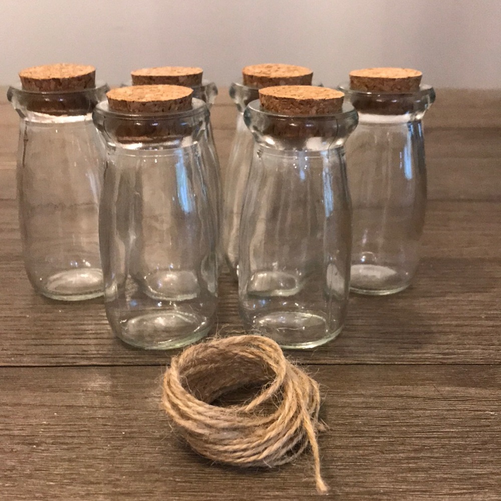 COPY - Glass bottles with cork stoppers and jute to wrap around the bottle neck…